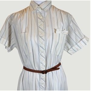 Vintage John Henry Shirt Dress Women's 8 White Striped Belted Short Sleeve